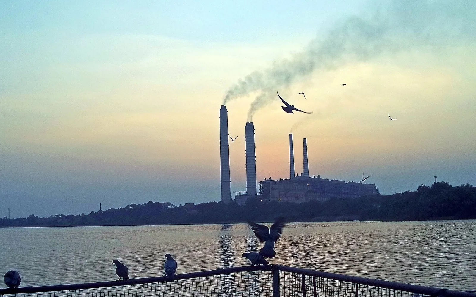 The Chambal River at Kota Barrage at dusk, with the thermal power station chimneys beyond